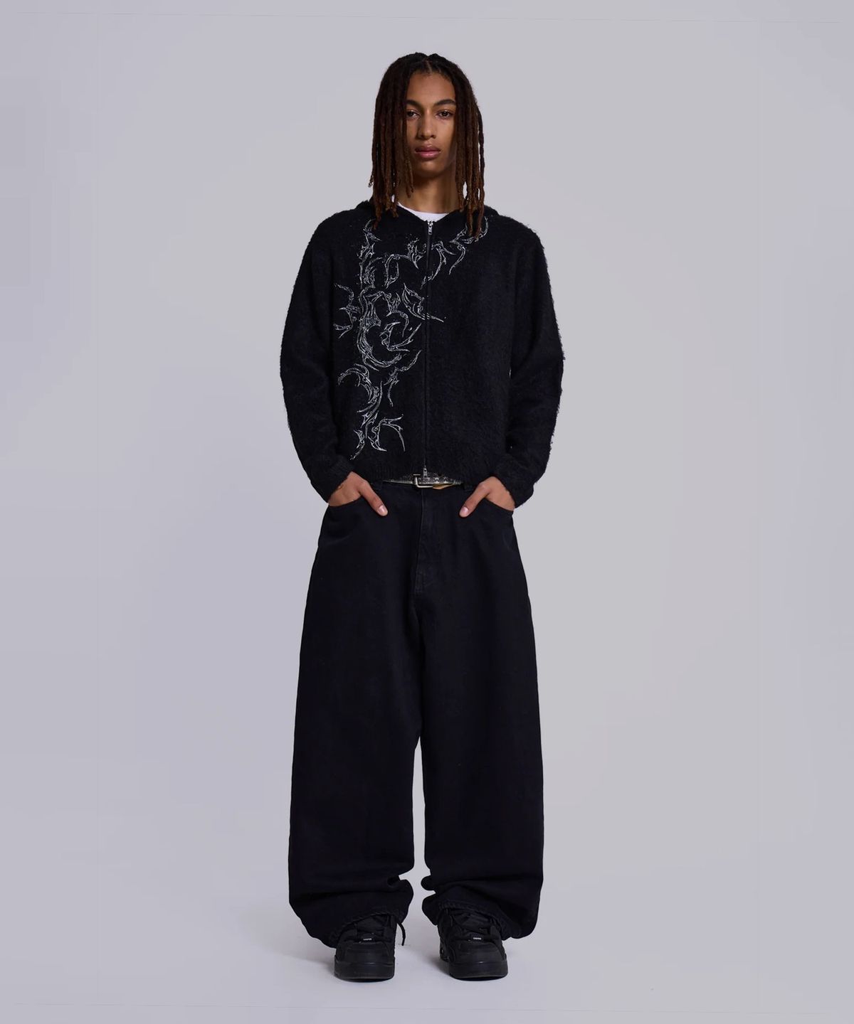 제이디드 런던(JADED LONDON) (M) 타투 집 니트 후디 블랙 TATTOO ZIP KNIT HOODIE BLACK