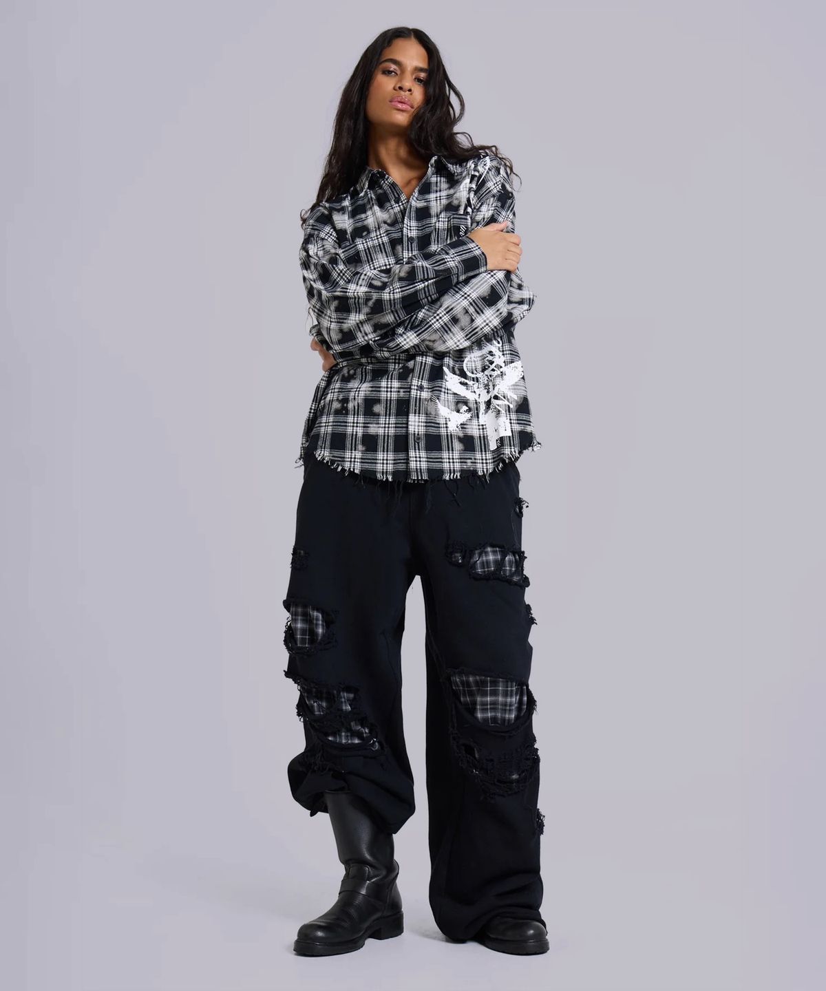 제이디드 런던(JADED LONDON) (U) 블랙 체크 백드 디스트레스드 몬스터 조거 블랙 BLACK CHECK BACKED DISTRESSED MONSTER JOGGER BLACK