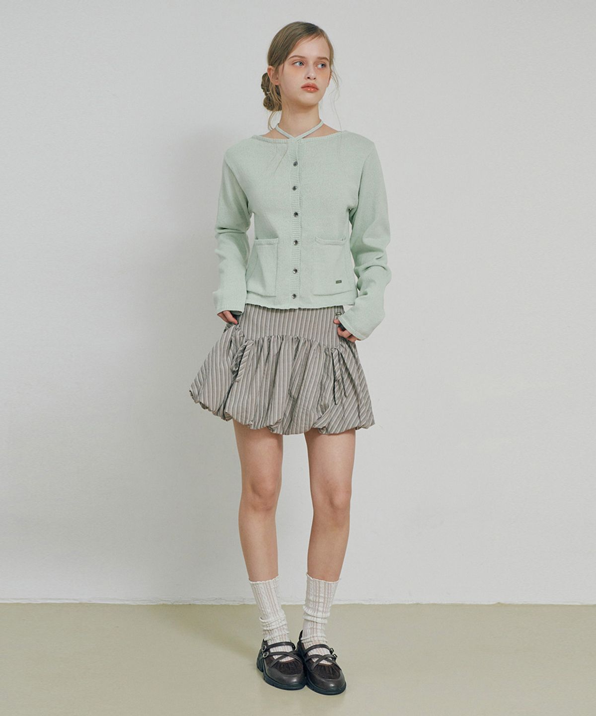 벨로엘(BELLOL) Balloon ribbon striped skirt BEIGE