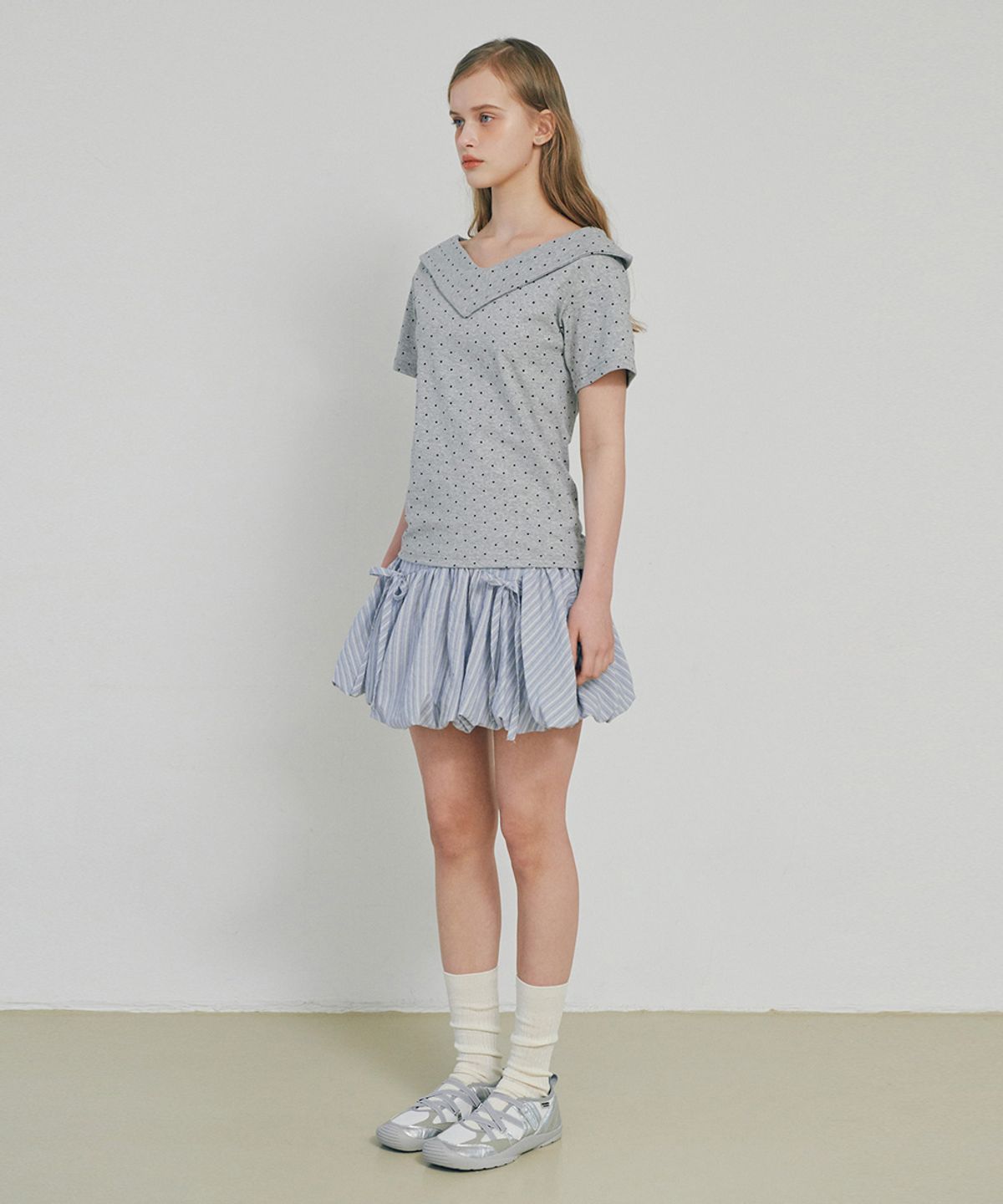 벨로엘(BELLOL) Balloon ribbon striped skirt BLUE