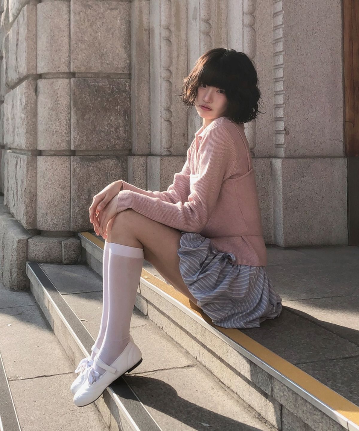 벨로엘(BELLOL) Balloon ribbon striped skirt BLUE