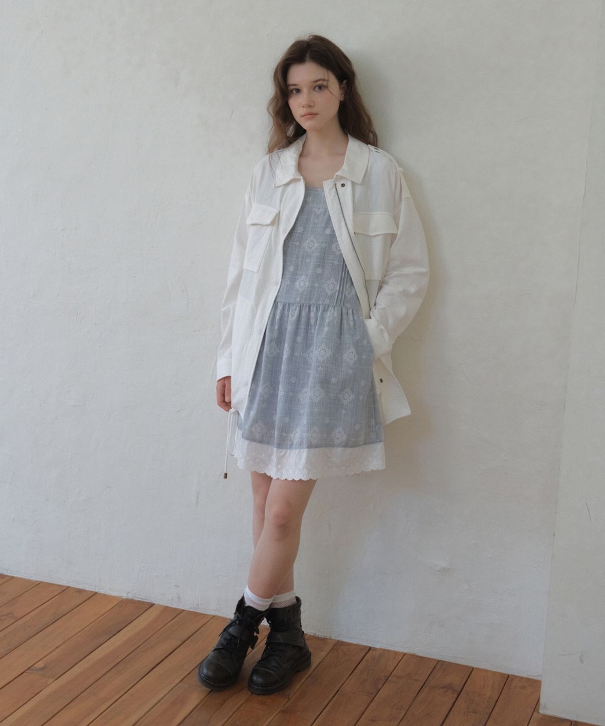 아우어노스텔지아(OURNOSTALGIA) Mori Embroidered Pintuck Dress_Blue(O26OPS02)