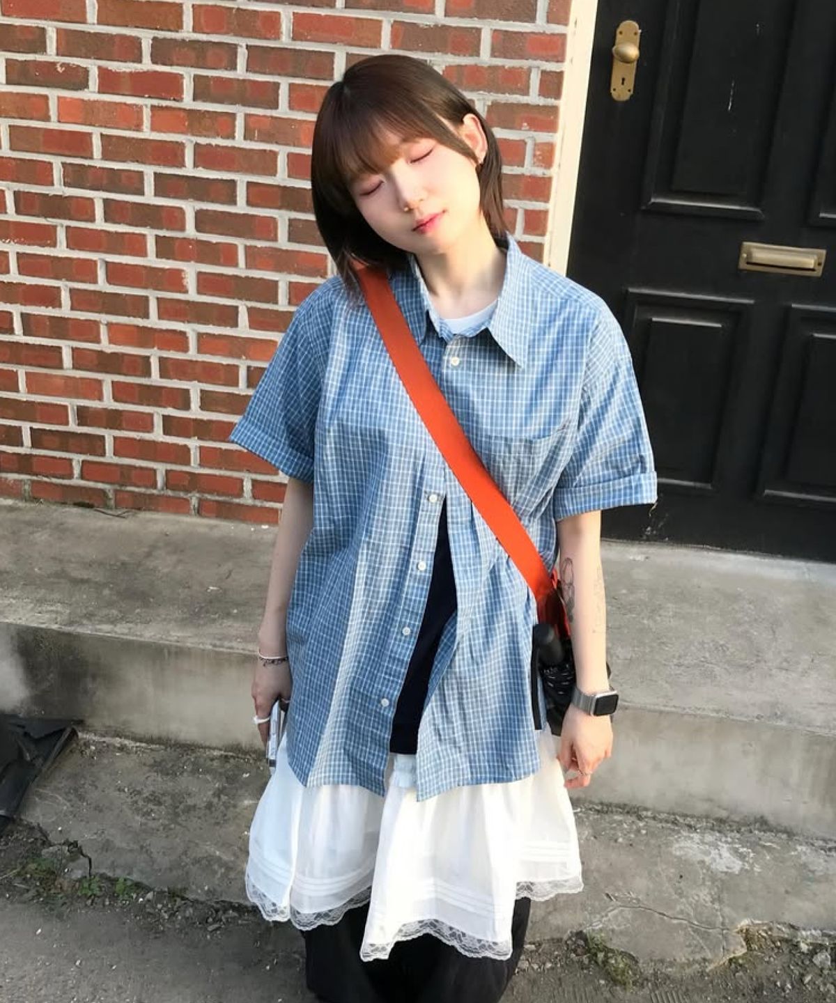 어반디타입(URBANDTYPE) 빈티지 코티지 체크 반팔 셔츠_라이트 블루