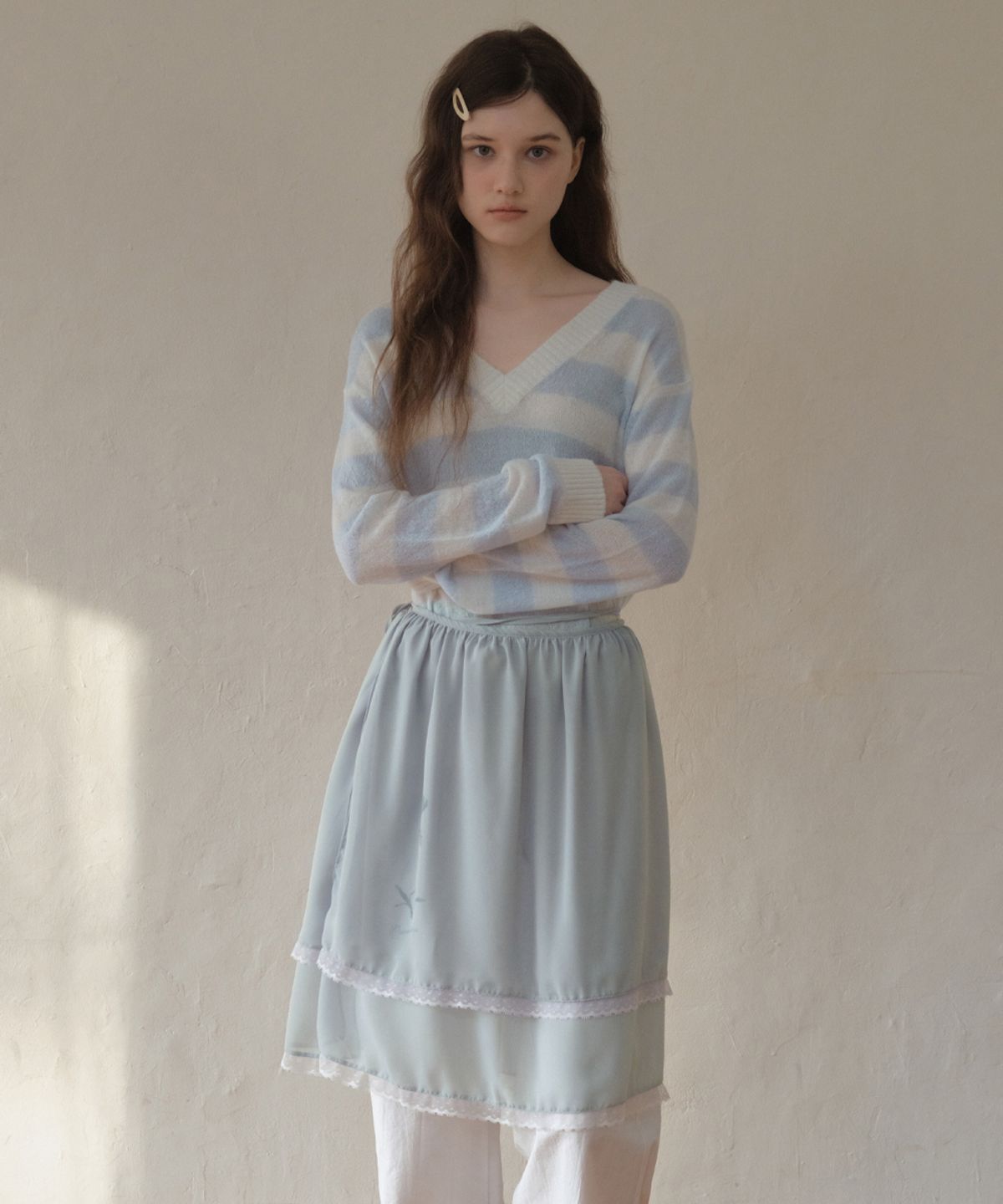 아우어노스텔지아(OURNOSTALGIA) Double Lace Flower Wrap Skirt_Light blue(O26ACC01)