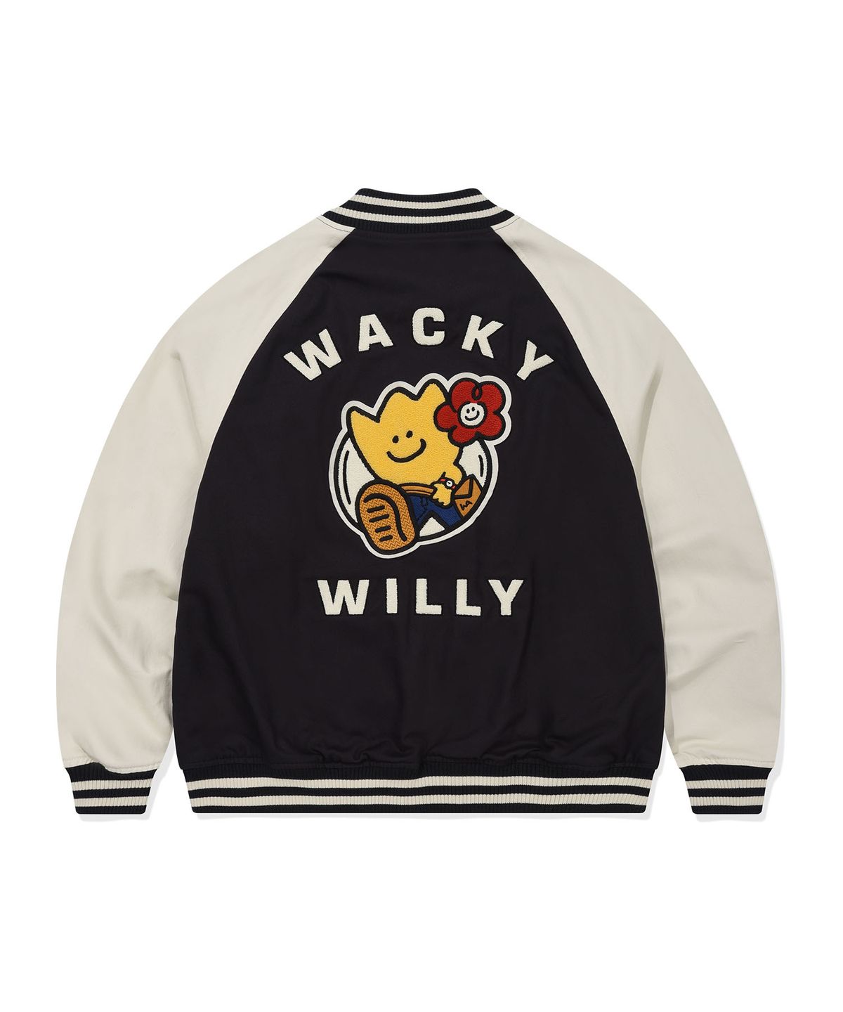 와키윌리(WACKY WILLY) 패치 워크 그래픽 바시티 자켓 네이비