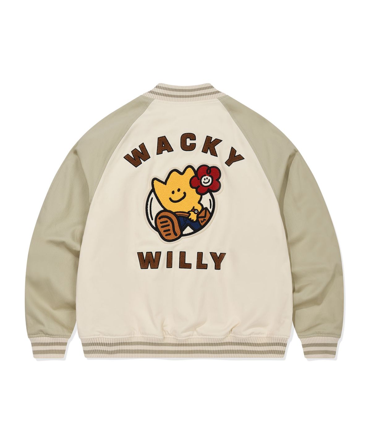 와키윌리(WACKY WILLY) 패치 워크 그래픽 바시티 자켓 크림