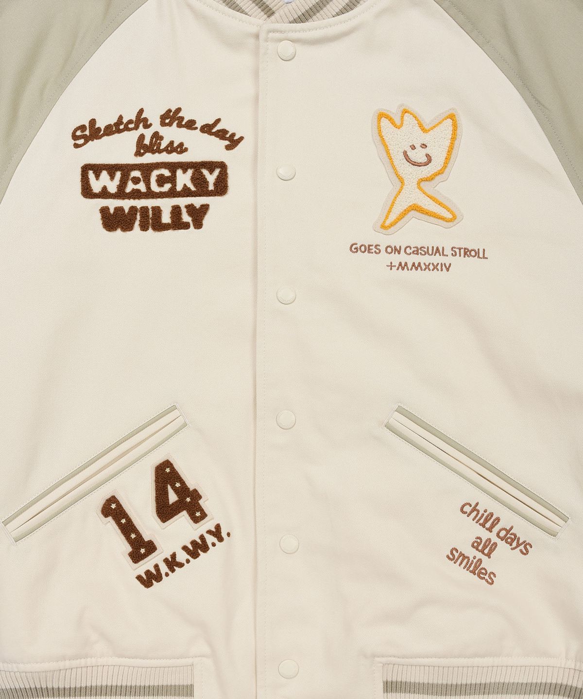 와키윌리(WACKY WILLY) 패치 워크 그래픽 바시티 자켓 크림