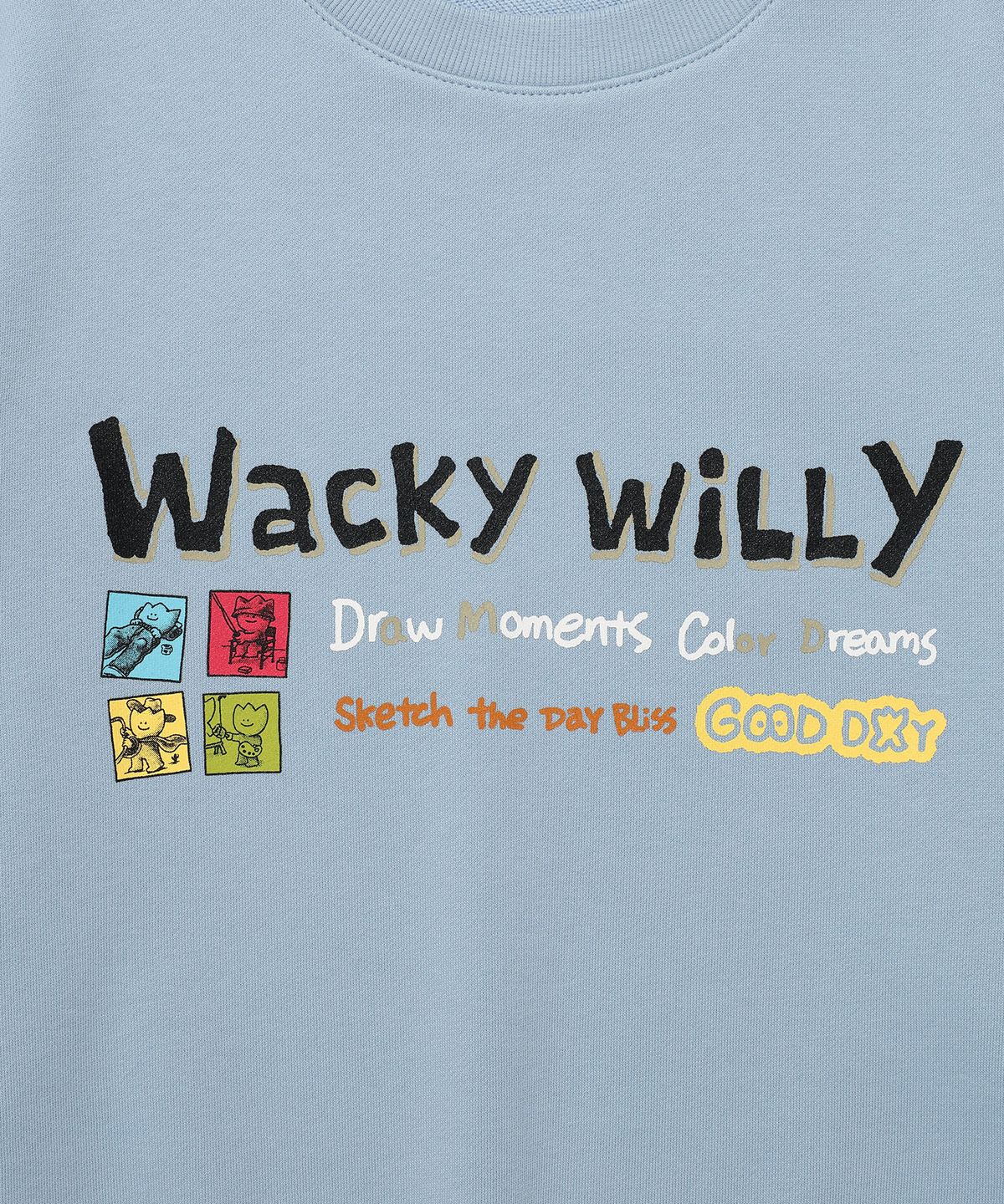 와키윌리(WACKY WILLY) 카툰 그래픽 맨투맨 블루