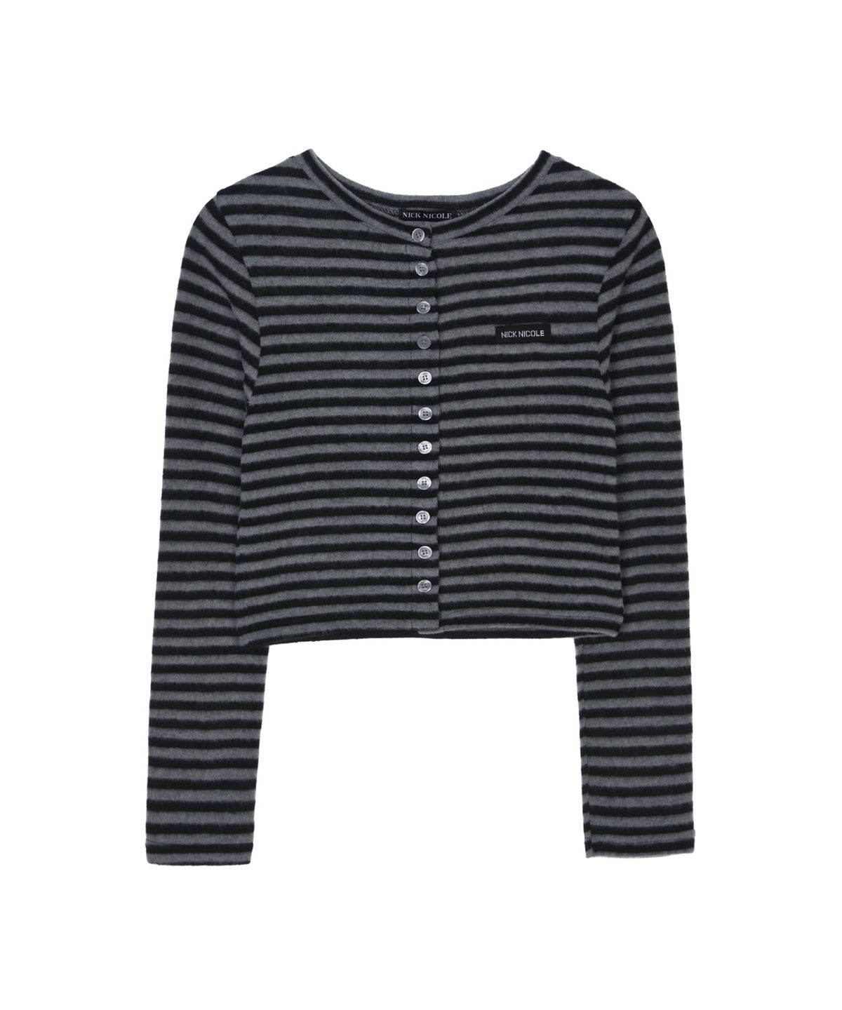 닉앤니콜(NICK&NICOLE) STRIPE CROP BUTTON CARDIGAN_CHARCOAL