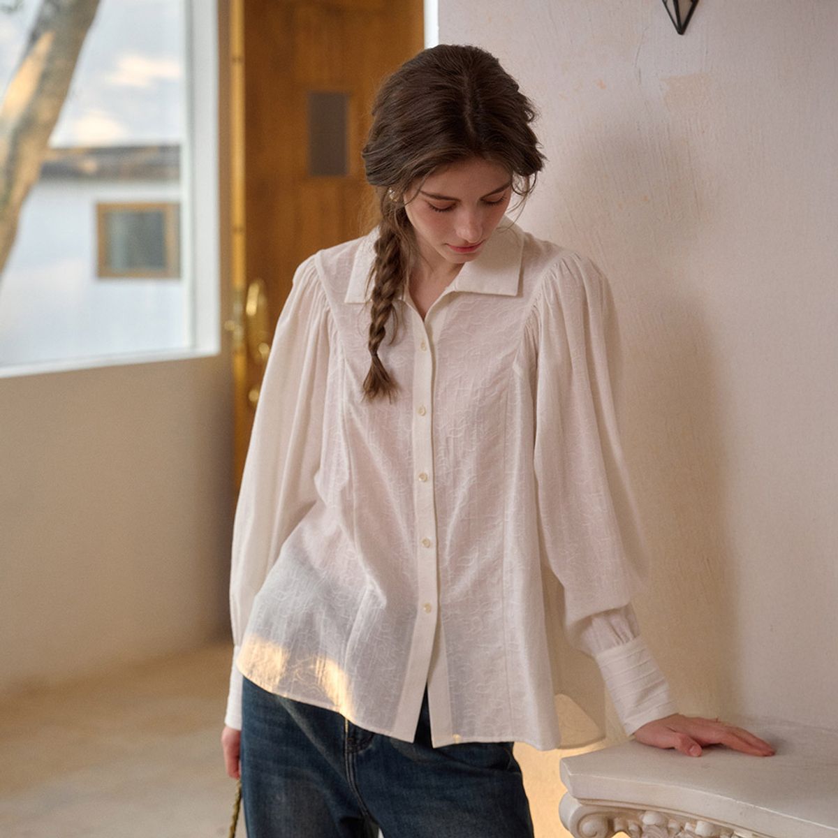 심플레트로(SIMPLE RETRO) SR_Jacquard white shirt
