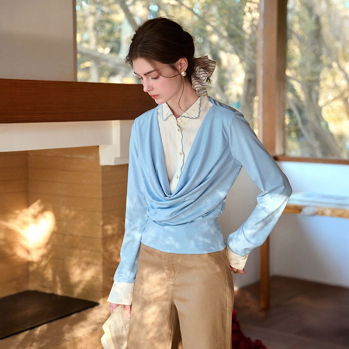 심플레트로(SIMPLE RETRO) SR_Fake two swing collar blouse_2color
