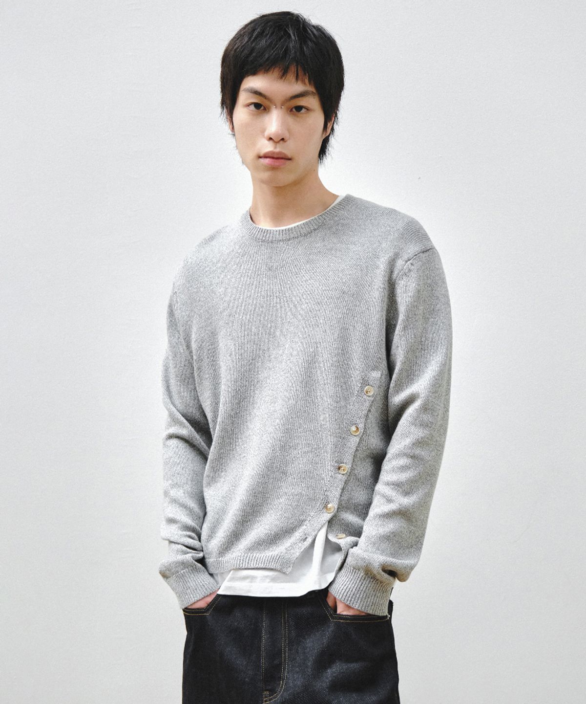 인템포무드(INTEMPOMOOD) 슬릿 버튼 라운드 니트 : 5컬러