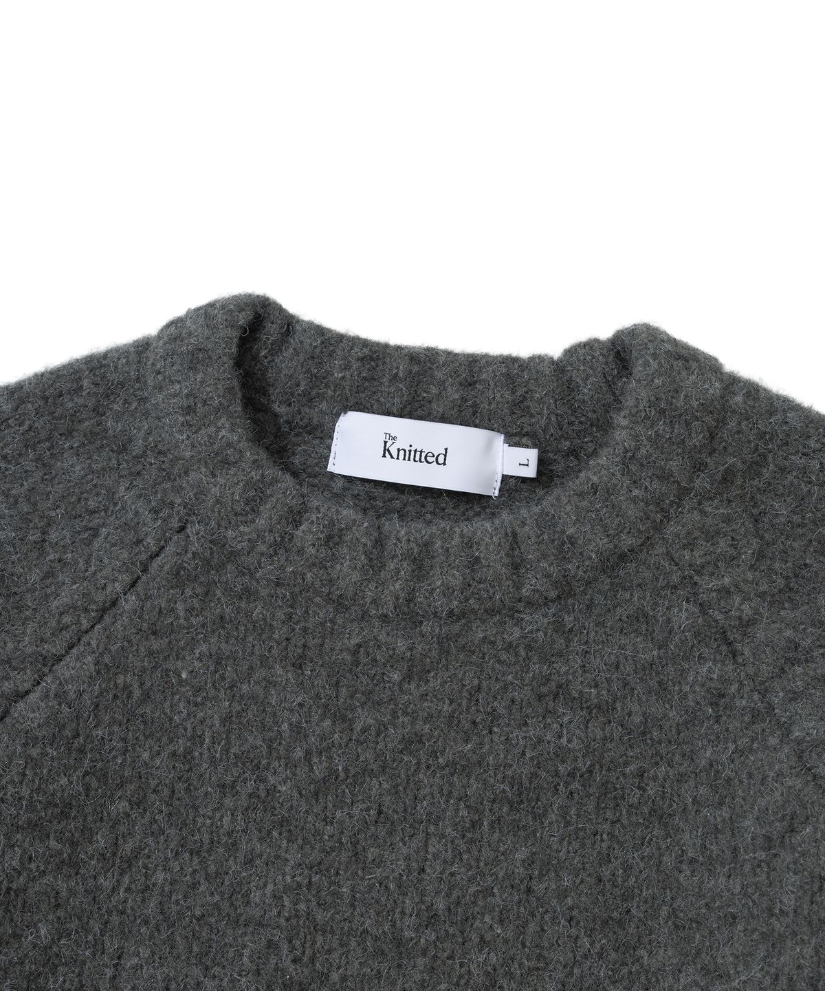 니티드(KNITTED) (UNISEX)부클 래글런 크롭 라운드 니트 CHARCOAL