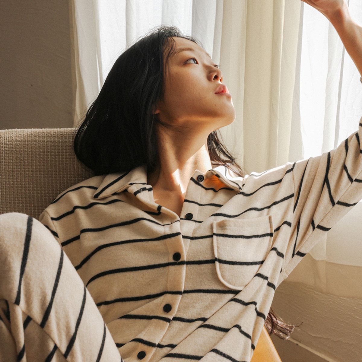 멜라니조이(MELANIE JOY) MJ_Striped button pajama two-piece set_IVORY