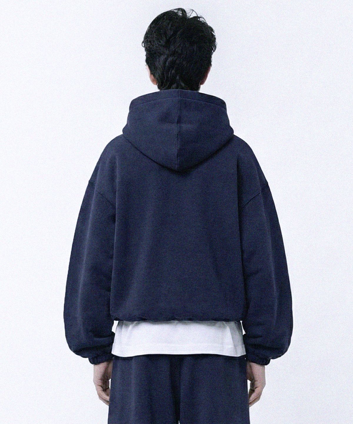프리노어(PRINOAR) [기모선택] 스트링 오버핏 투웨이 후드 집업 - 네이비