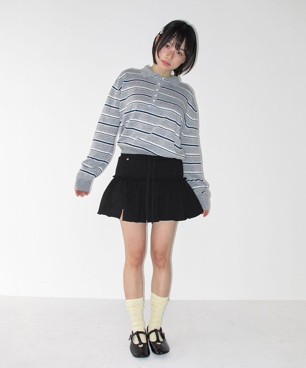 론론(RONRON) LOOSE FIT STRIPE COLLAR KNIT GREY