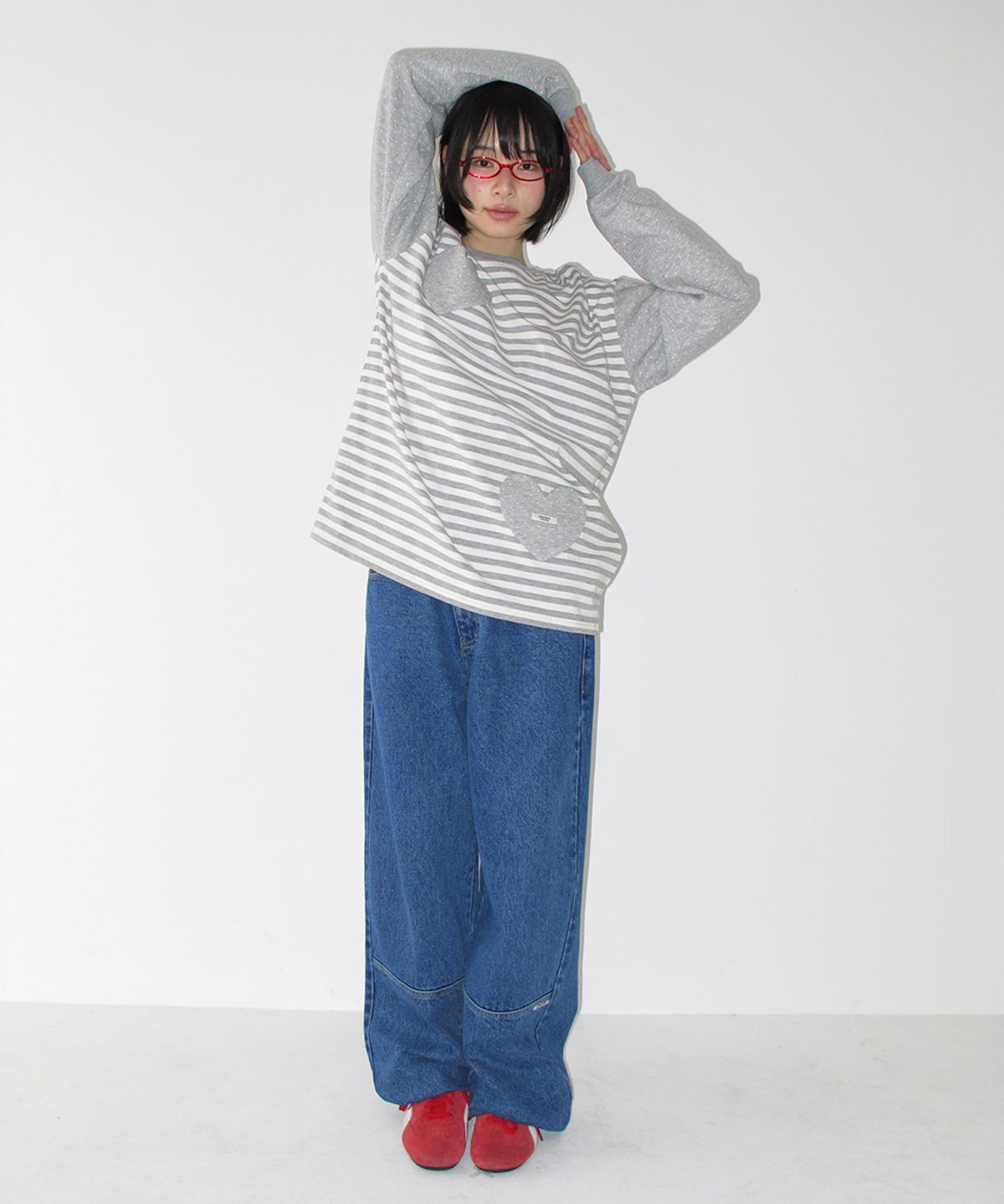 론론(RONRON) HEART DOT POCKET STRIPE LONG SLEEVE GREY