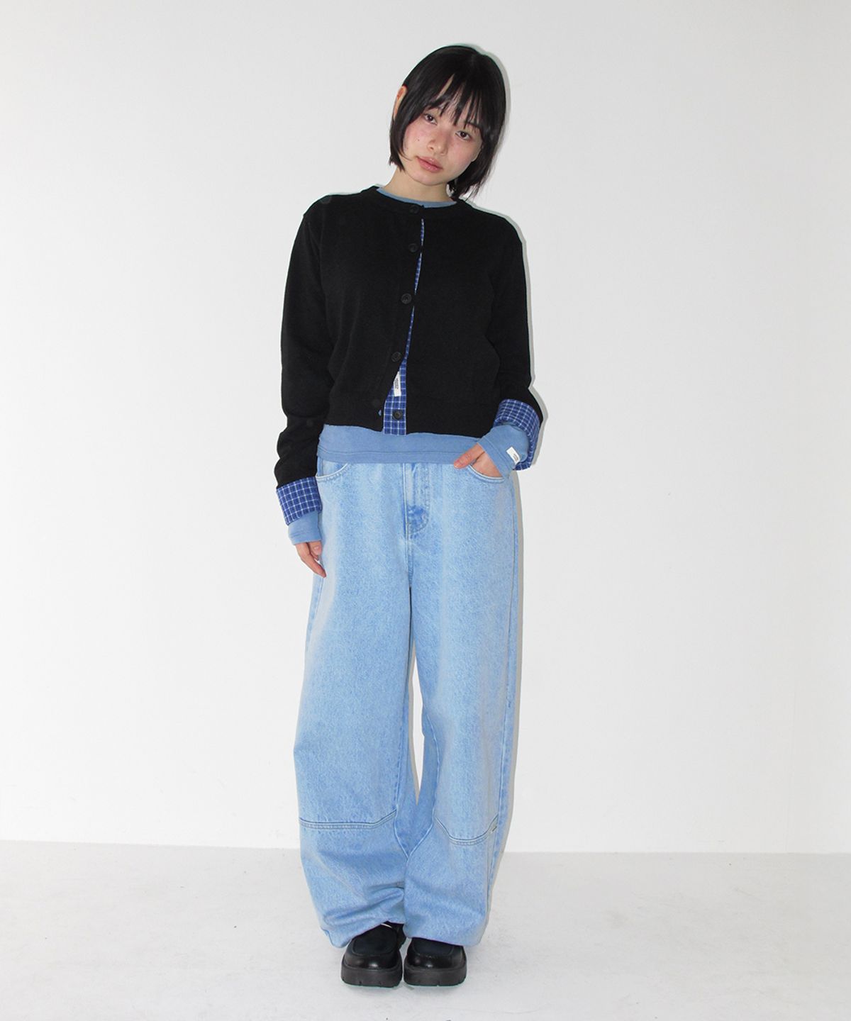 론론(RONRON) CHECK SHIRT POINTED KNIT CARDIGAN BLACK