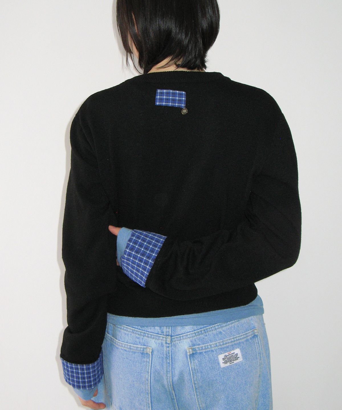 론론(RONRON) CHECK SHIRT POINTED KNIT CARDIGAN BLACK