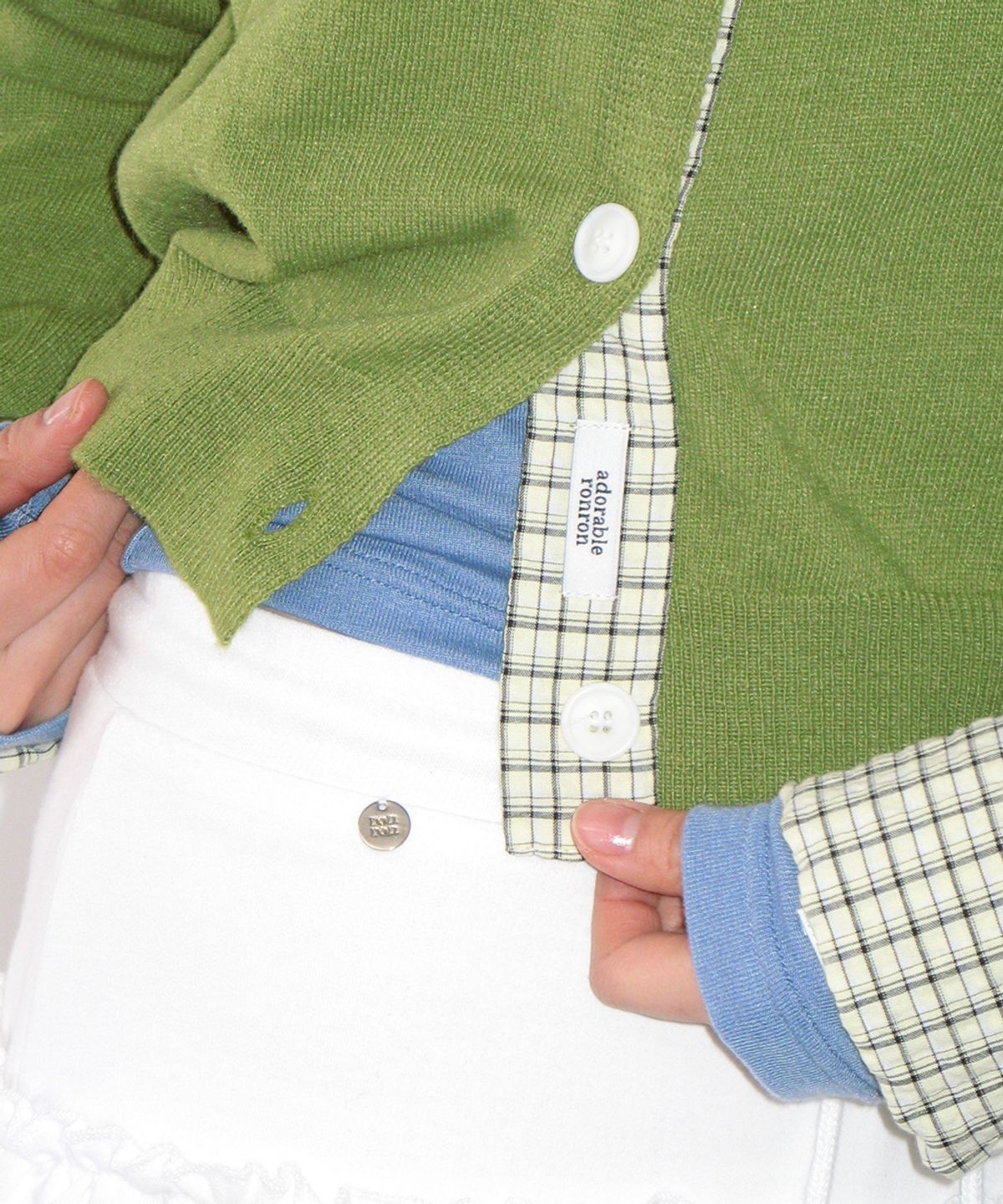 론론(RONRON) CHECK SHIRT POINTED KNIT CARDIGAN OLIVE