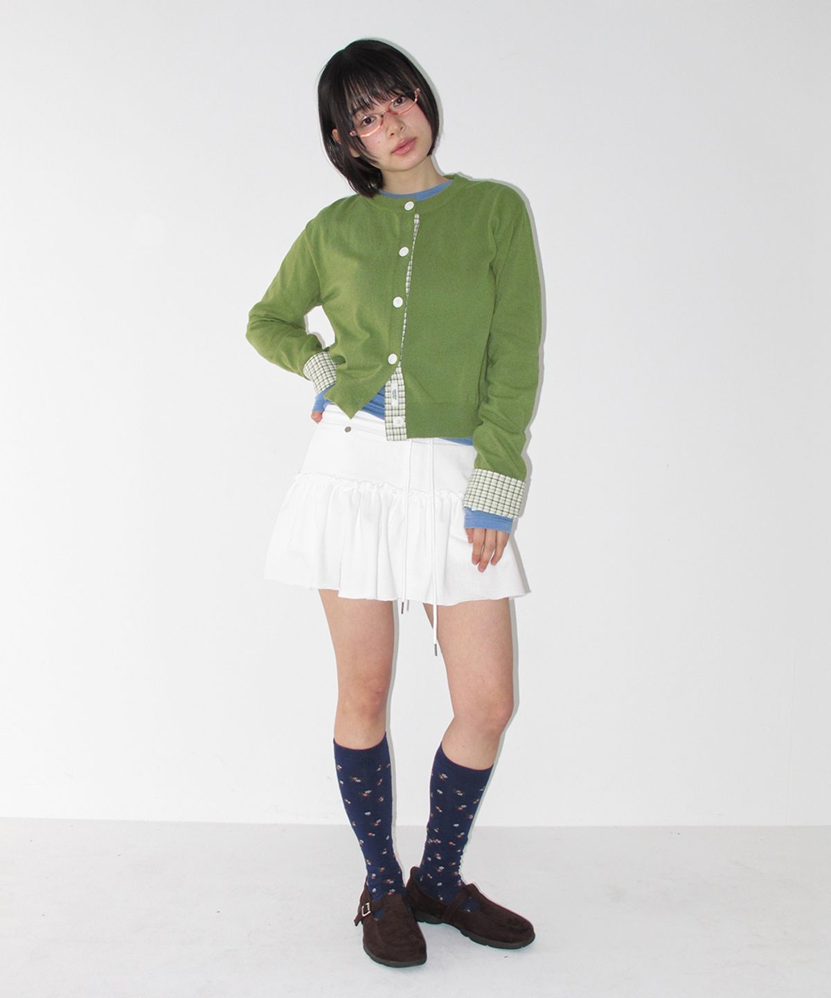 론론(RONRON) CHECK SHIRT POINTED KNIT CARDIGAN OLIVE