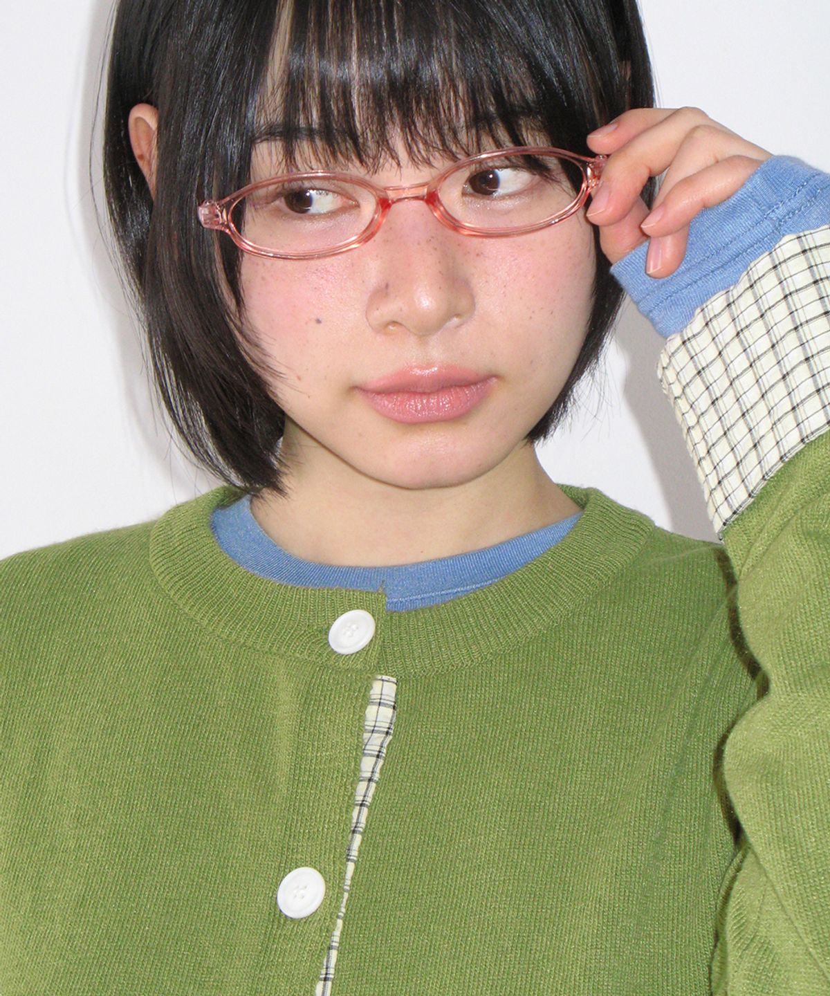 론론(RONRON) CHECK SHIRT POINTED KNIT CARDIGAN OLIVE
