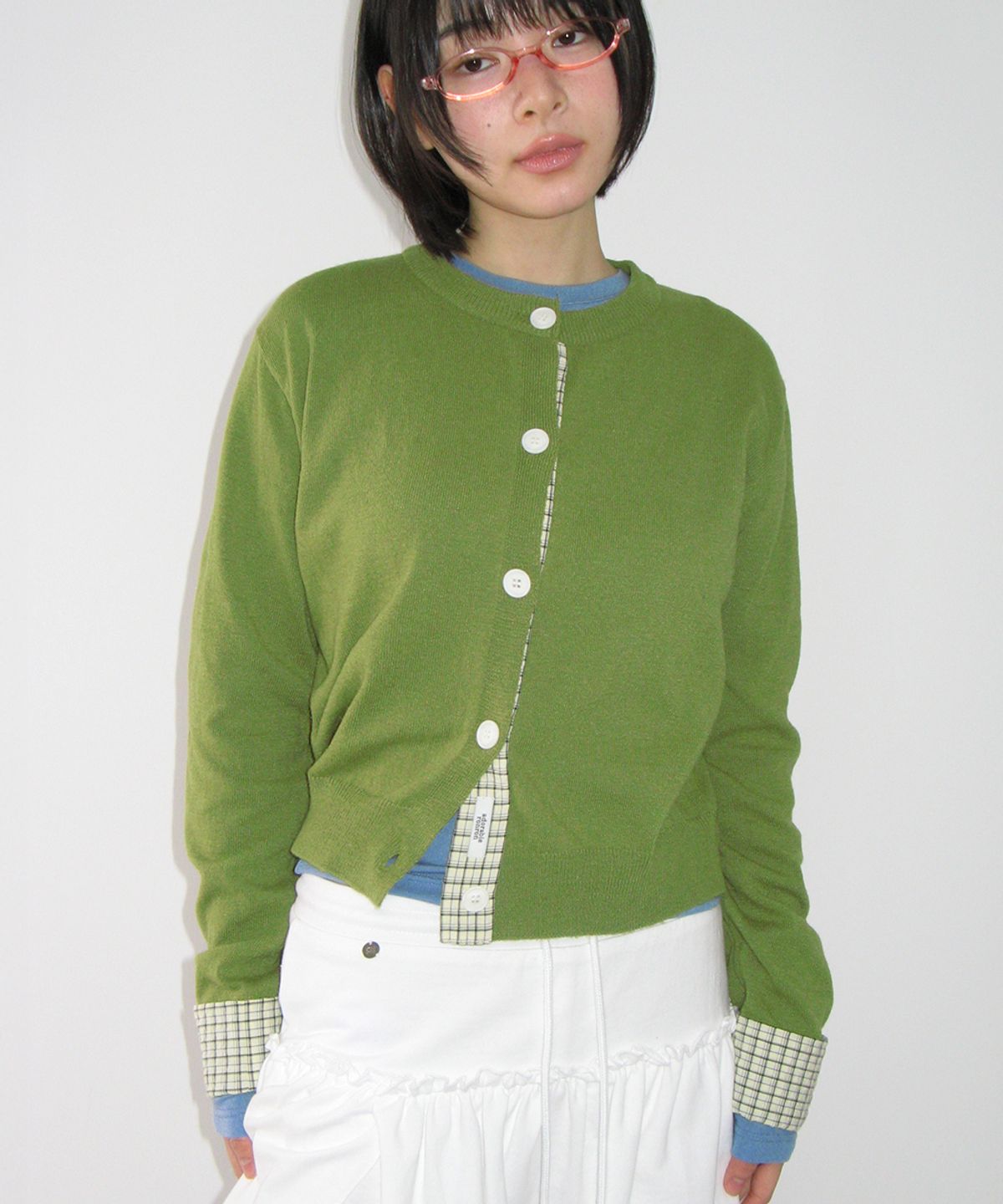 론론(RONRON) CHECK SHIRT POINTED KNIT CARDIGAN OLIVE