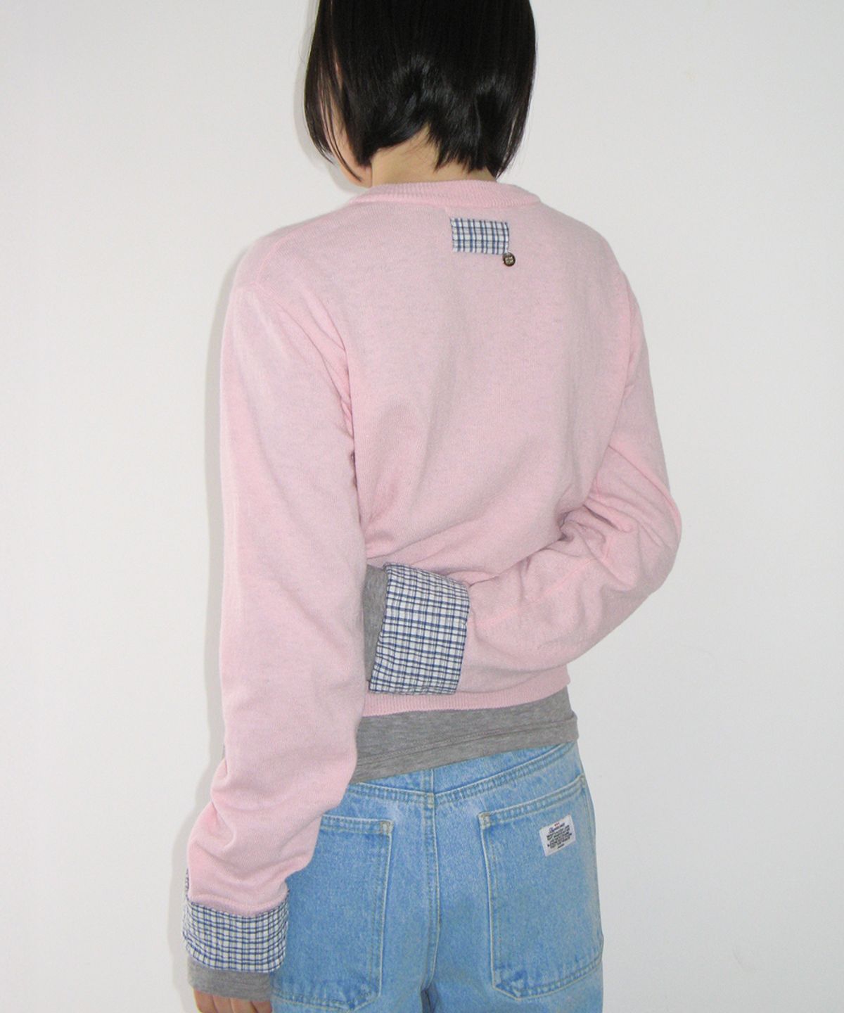론론(RONRON) CHECK SHIRT POINTED KNIT CARDIGAN PINK