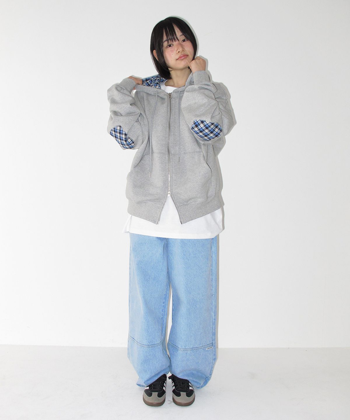론론(RONRON) CHECK PATCH HOODIE ZIP UP GREY