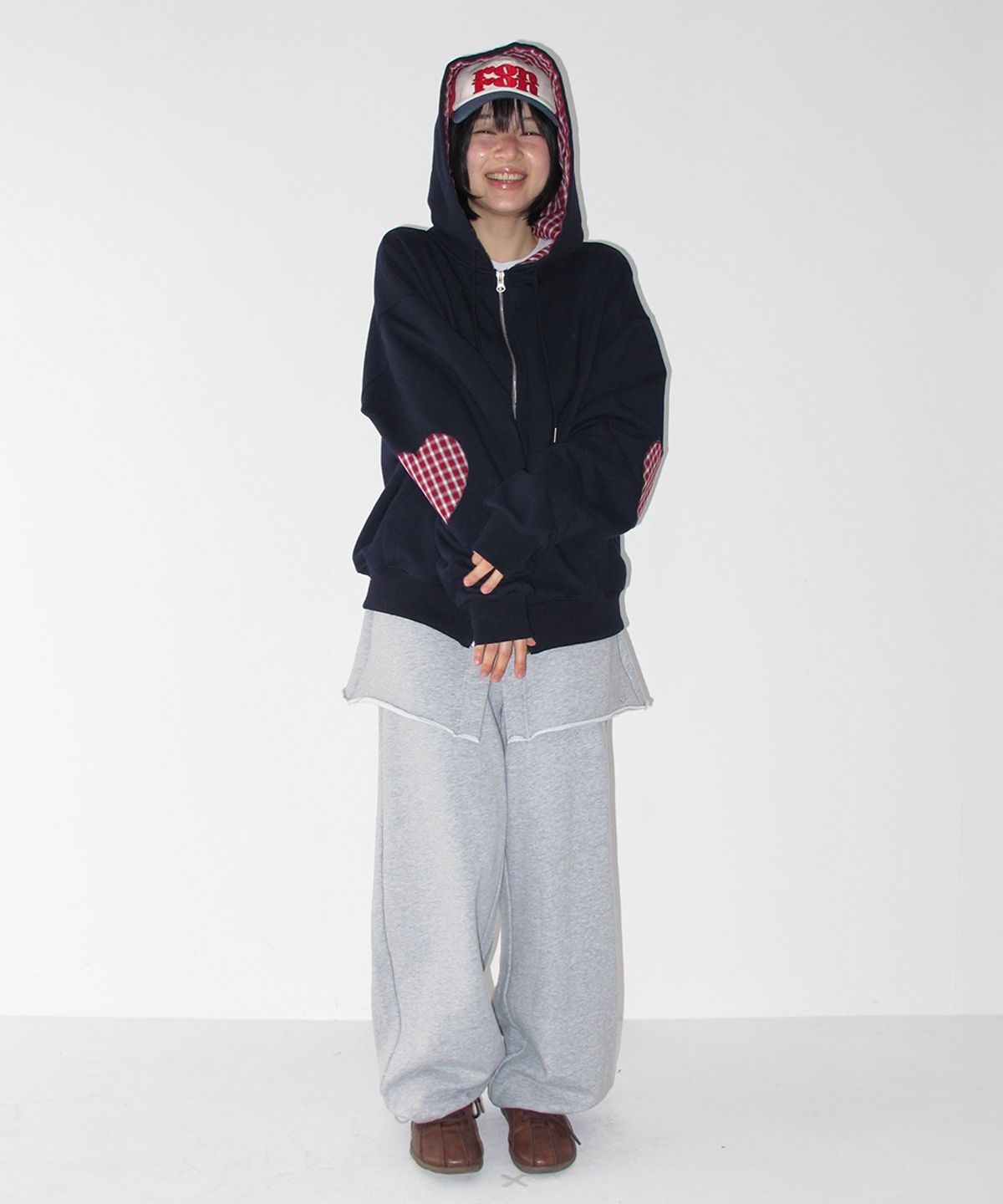론론(RONRON) CHECK PATCH HOODIE ZIP UP NAVY