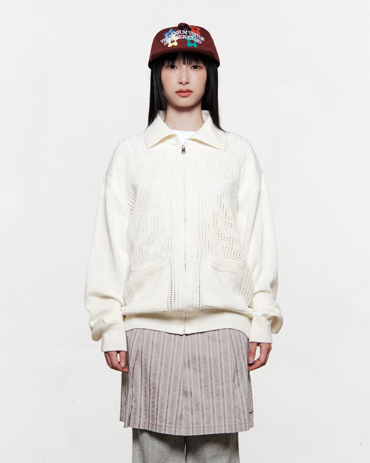 더뮤지엄비지터(THEMUSEUMVISITOR) OPENWORK KNIT FULL ZIP UP (IVORY)