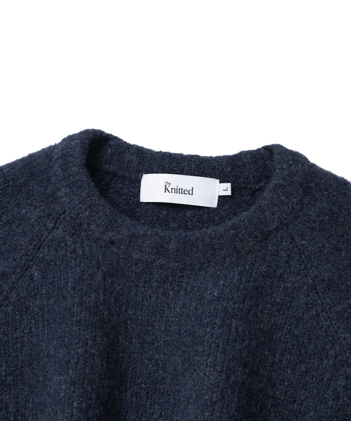 니티드(KNITTED) (UNISEX)부클 래글런 크롭 라운드 니트 NAVY