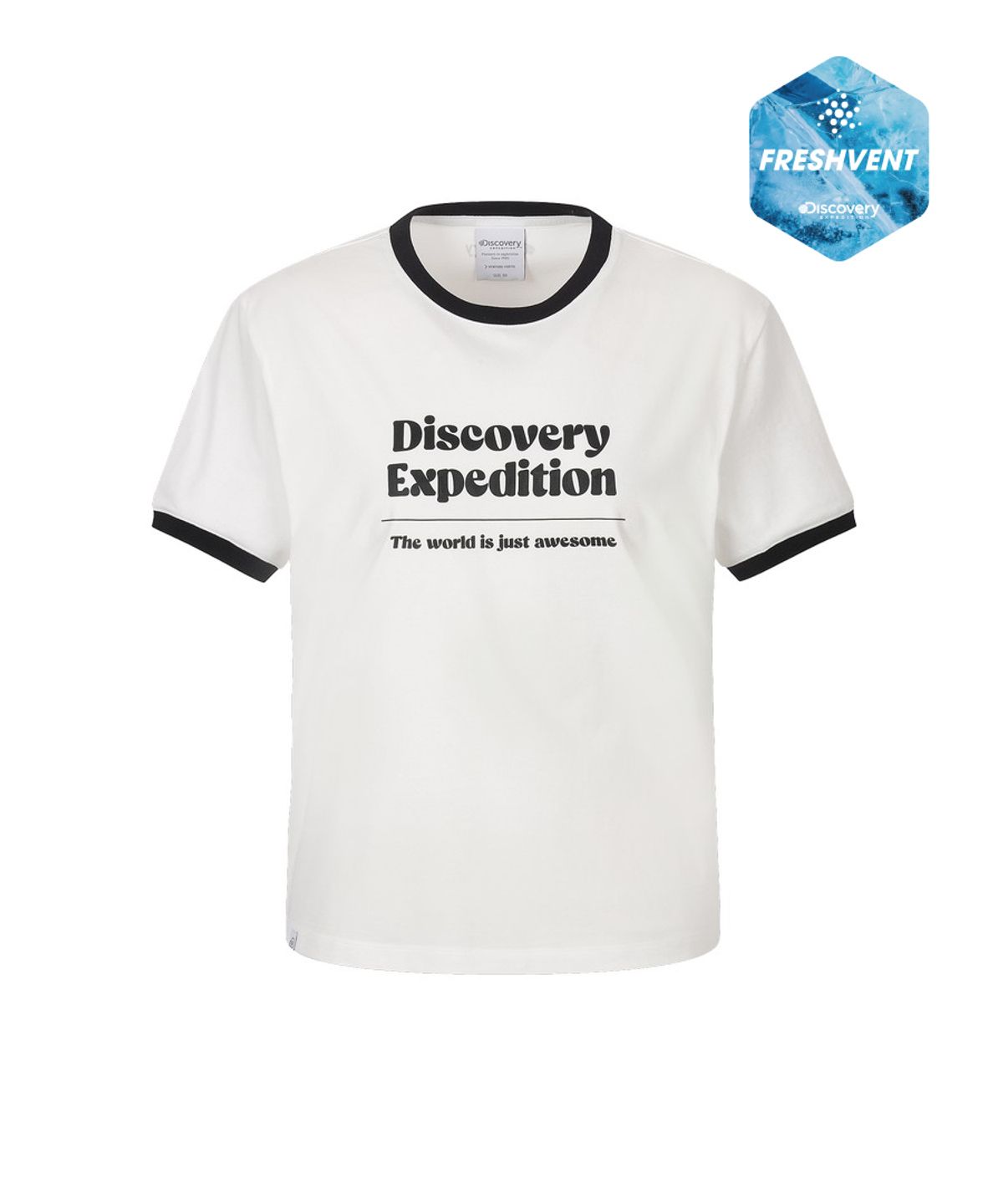 디스커버리 익스페디션(DISCOVERY EXPEDITION) 여성 프레시벤트 레터링 세미크롭 링거티셔츠 (WHITE)