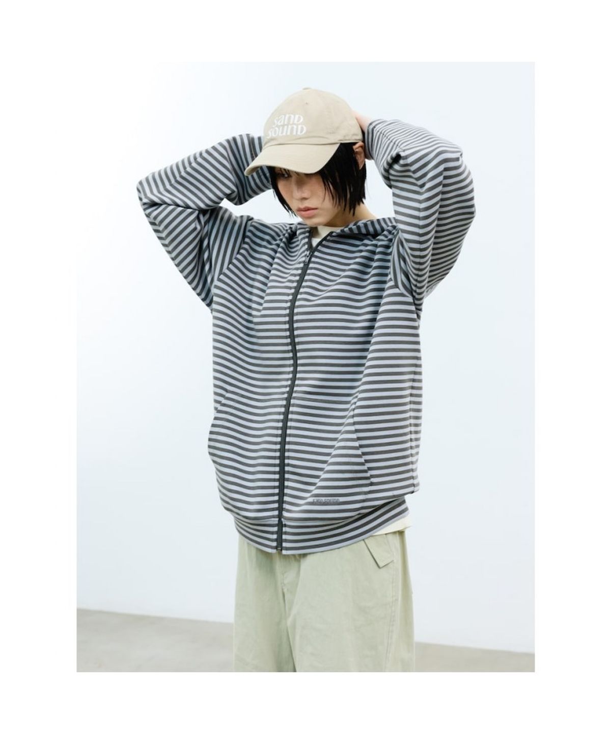 샌드 사운드(SAND SOUND) (UNISEX) 스트라이프 후드 집업 (셋업) 올리브