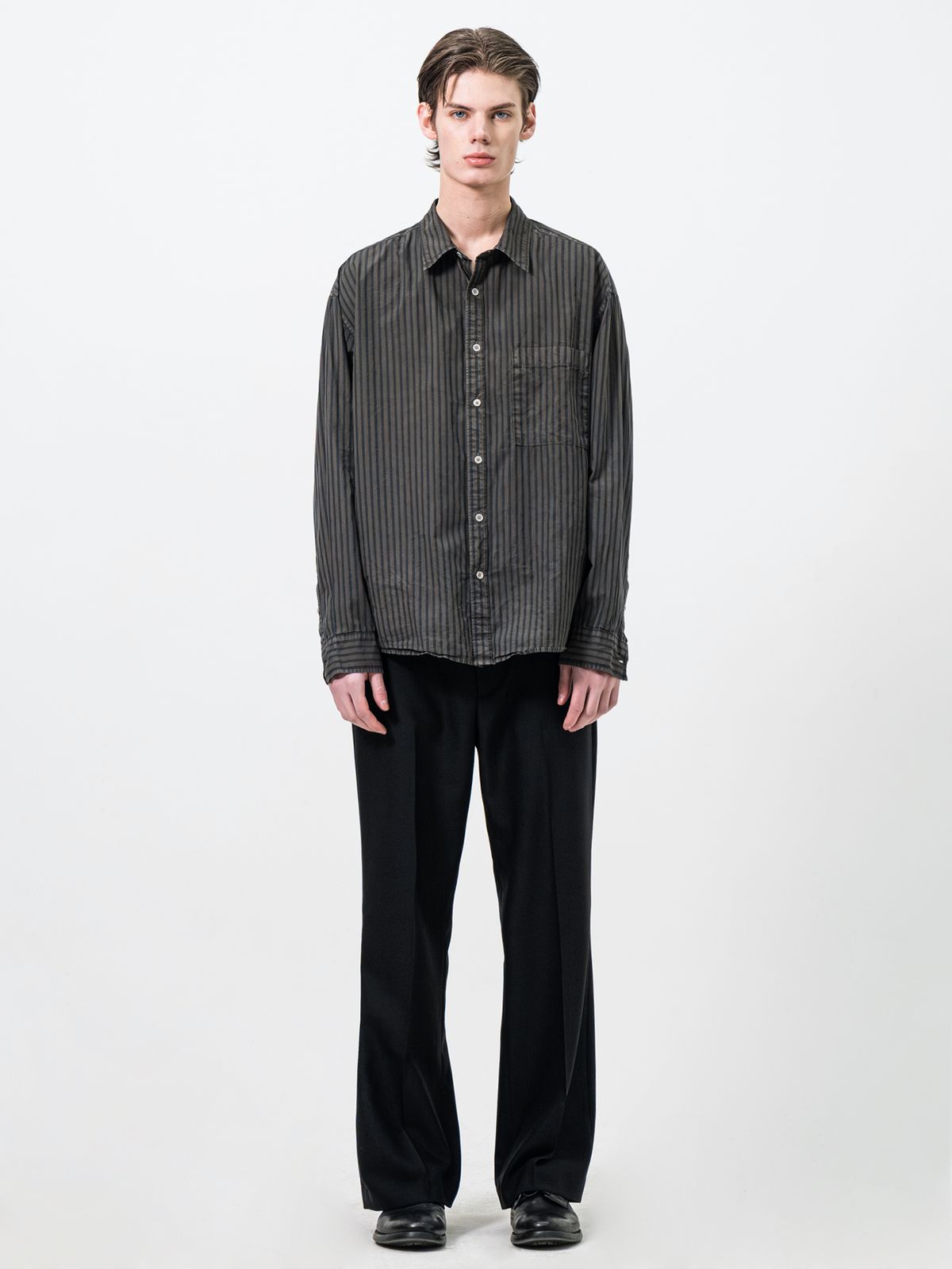 포커페이스(POKERFACE) REMAKE DYED STRIPE SHIRTS CHARCOAL (ITALY FABRIC)
