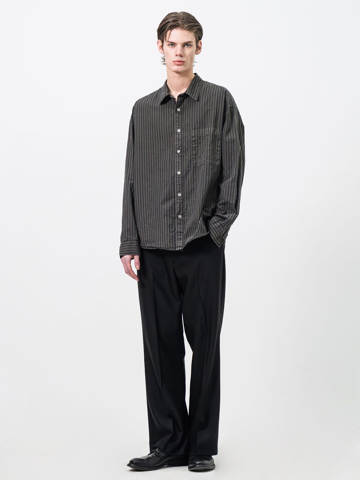 포커페이스(POKERFACE) REMAKE DYED STRIPE SHIRTS CHARCOAL (ITALY FABRIC)