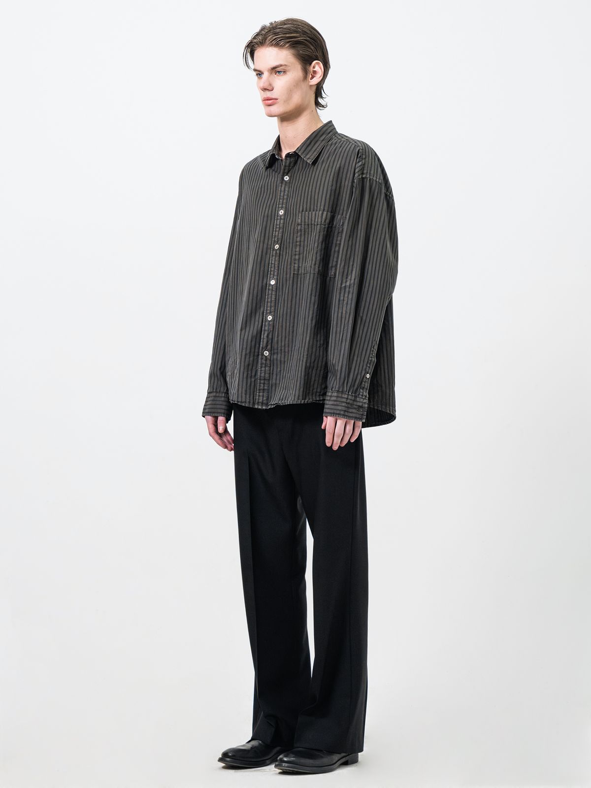 포커페이스(POKERFACE) REMAKE DYED STRIPE SHIRTS CHARCOAL (ITALY FABRIC)