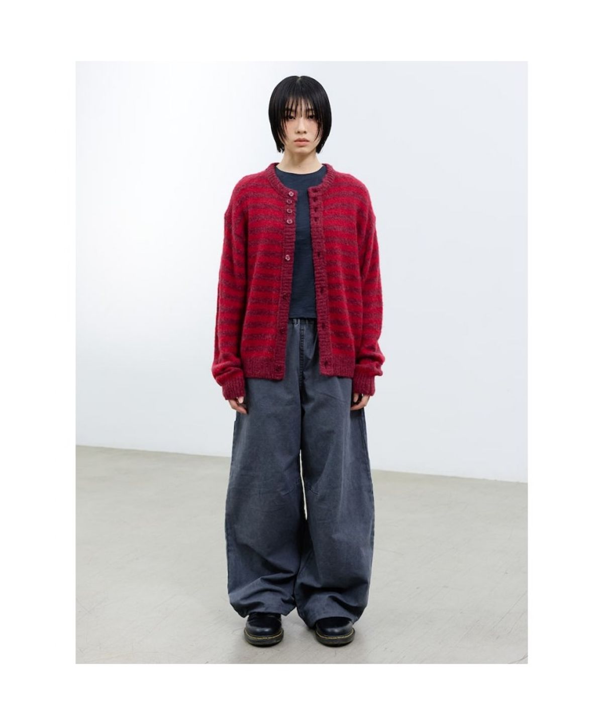 샌드 사운드(SAND SOUND) (UNISEX) 모헤어 블렌드 라운드넥 스트라이프 카디건 레드