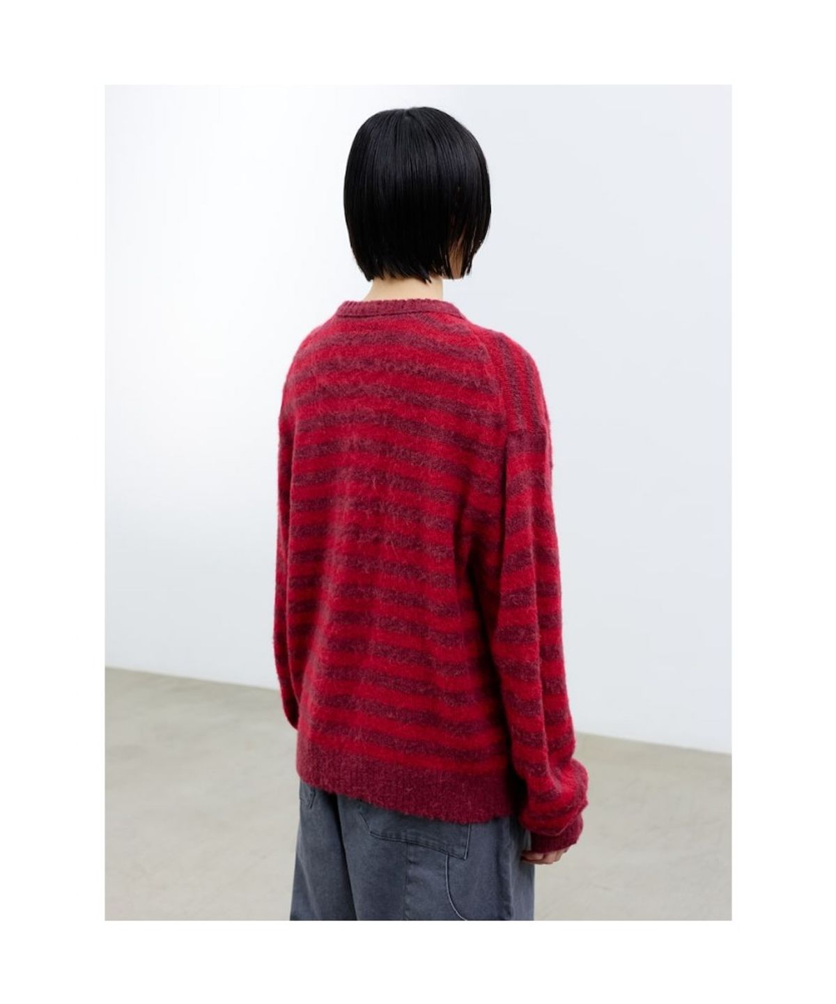 샌드 사운드(SAND SOUND) (UNISEX) 모헤어 블렌드 라운드넥 스트라이프 카디건 레드