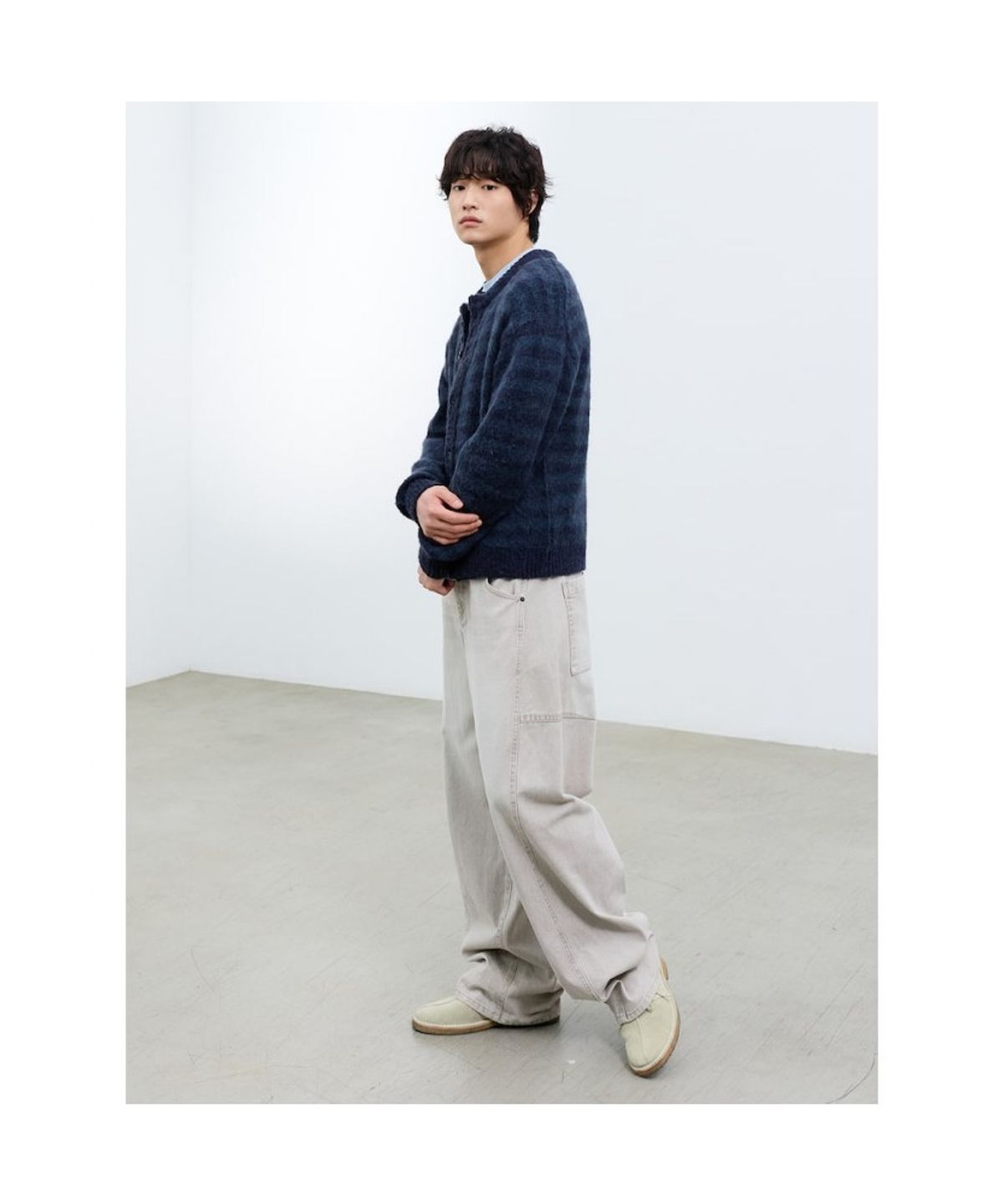 샌드 사운드(SAND SOUND) (UNISEX) 모헤어 블렌드 라운드넥 스트라이프 카디건 네이비