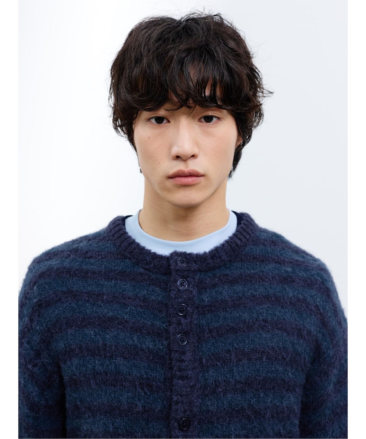 샌드 사운드(SAND SOUND) (UNISEX) 모헤어 블렌드 라운드넥 스트라이프 카디건 네이비