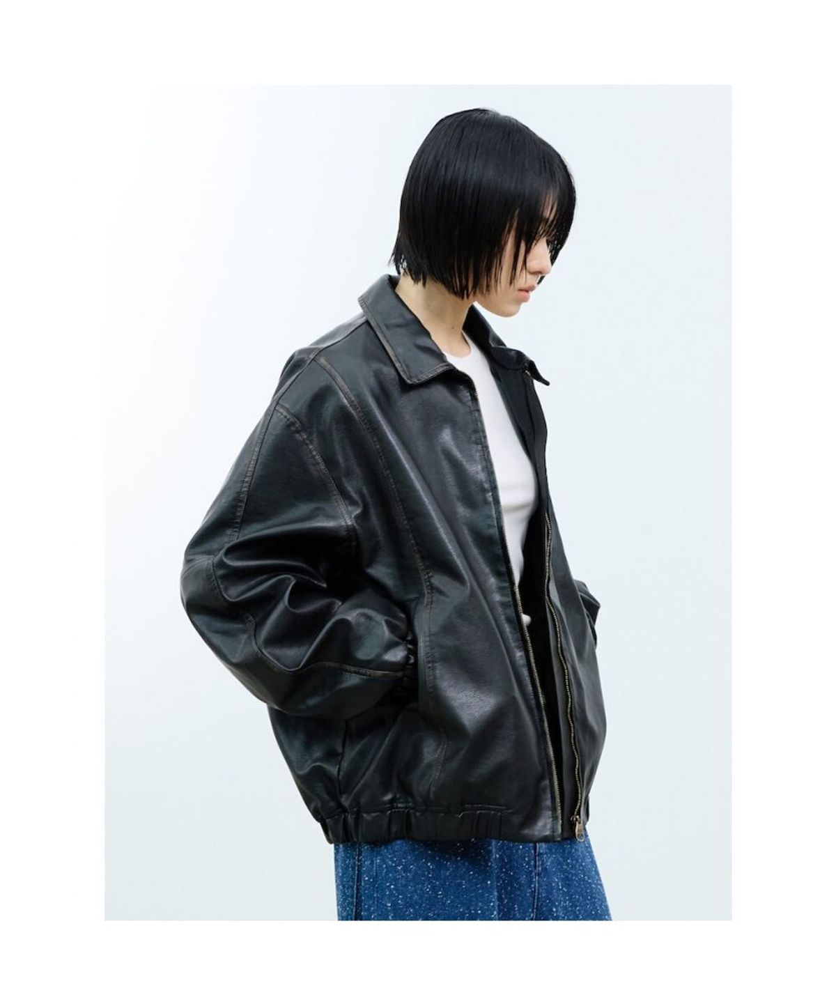 샌드 사운드(SAND SOUND) (UNISEX) 등판 자수 레더 블루종 블랙