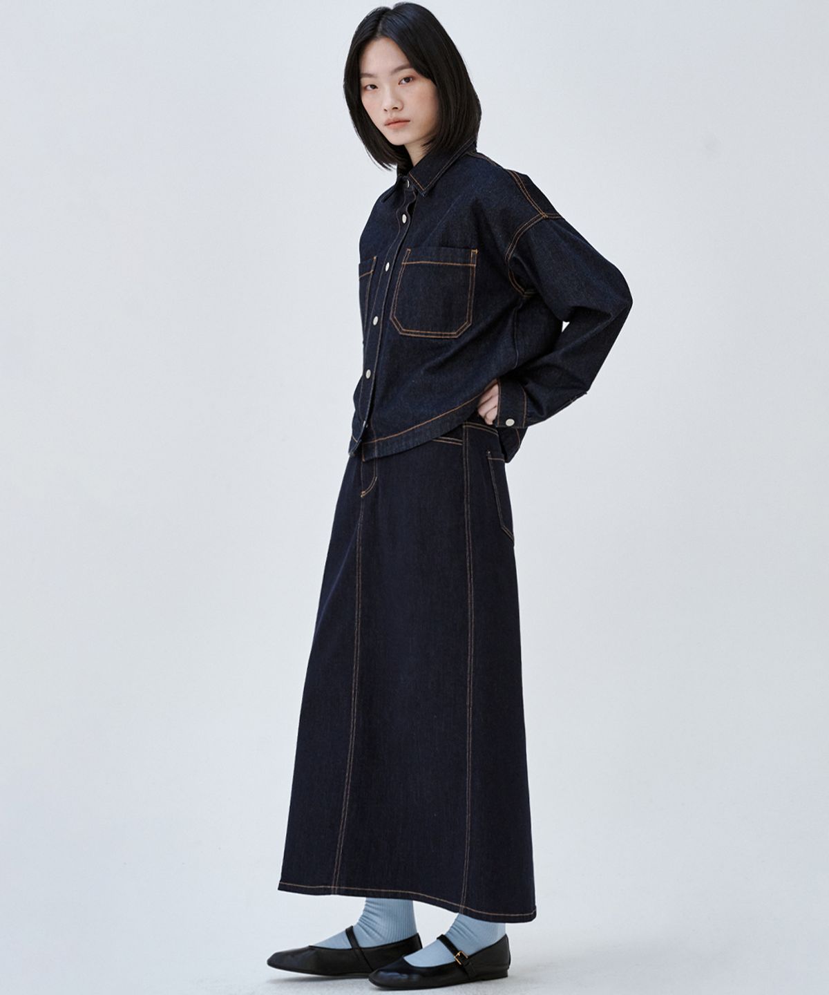 마롭(MALOUPE) 3112 넌페이드 데님 스커트 (다크 인디고)