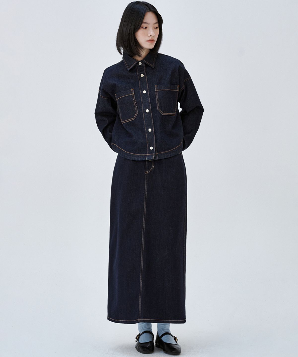 마롭(MALOUPE) 3112 넌페이드 데님 스커트 (다크 인디고)