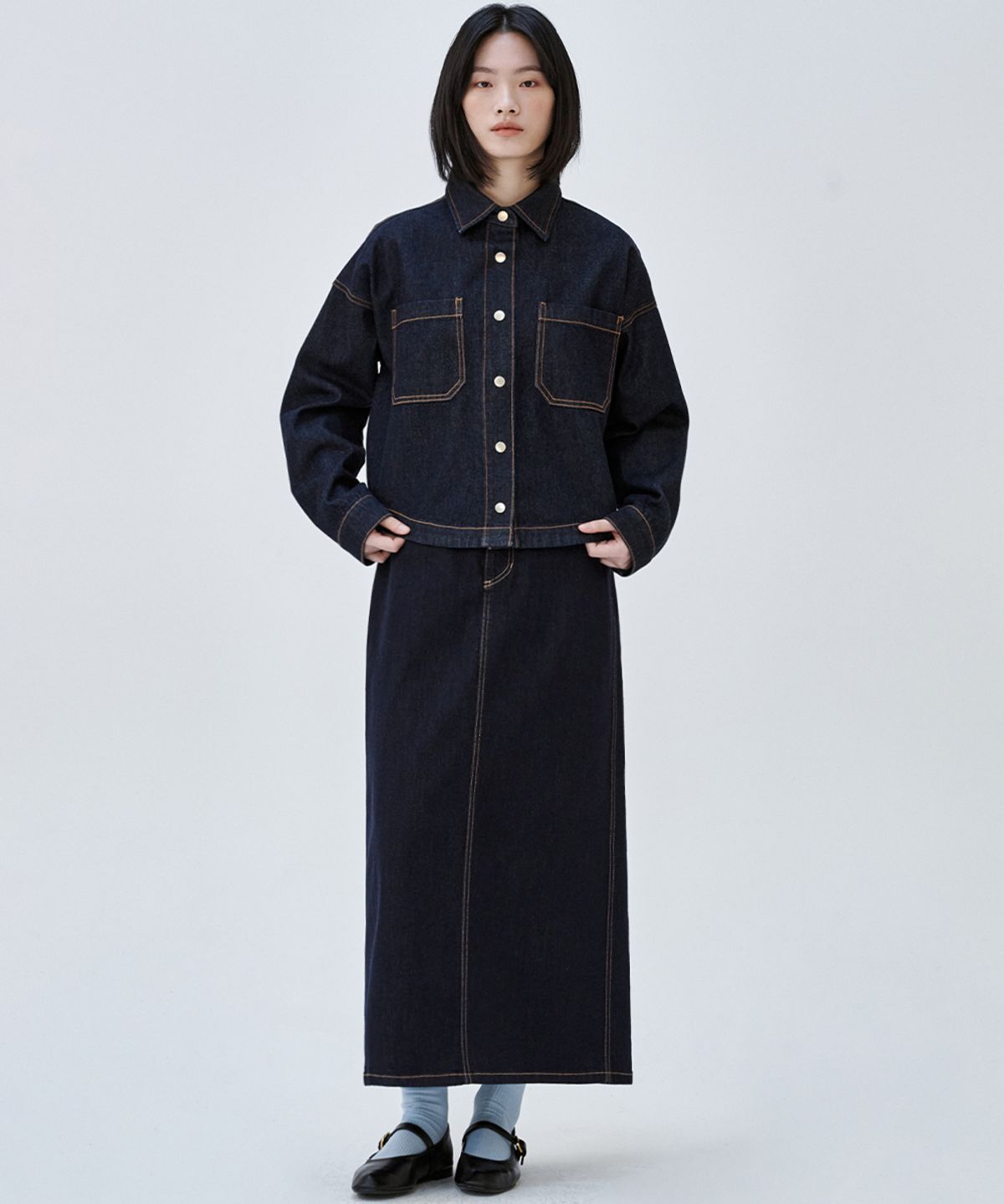 마롭(MALOUPE) 3112 넌페이드 데님 스커트 (다크 인디고)