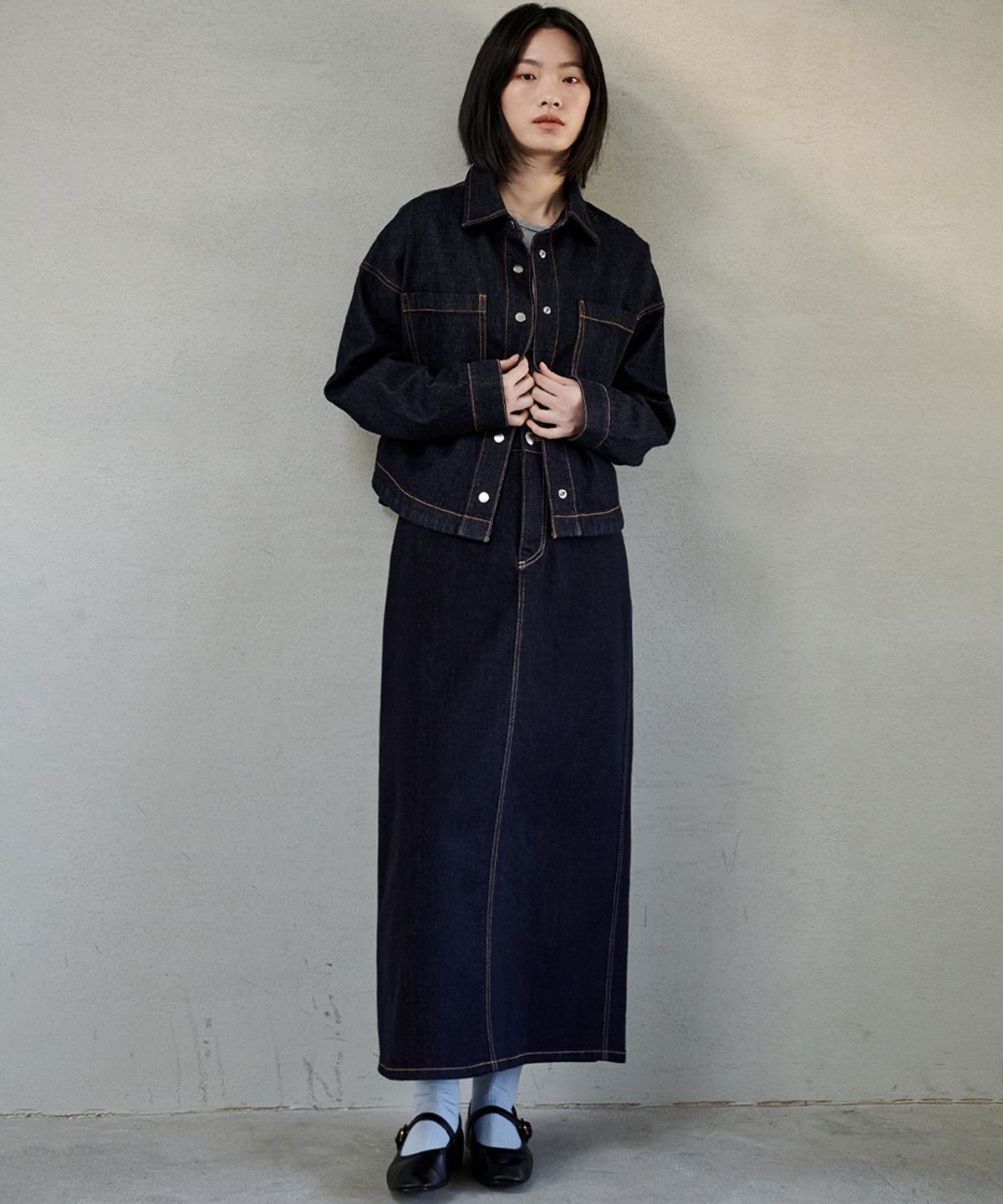 마롭(MALOUPE) 3112 넌페이드 데님 스커트 (다크 인디고)
