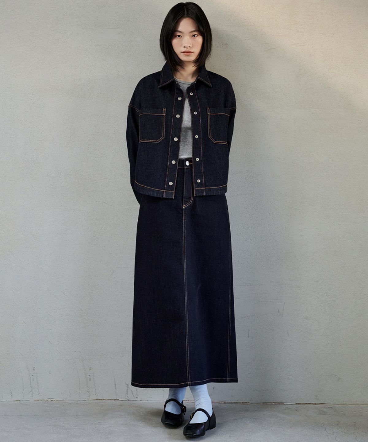 마롭(MALOUPE) 3112 넌페이드 데님 스커트 (다크 인디고)