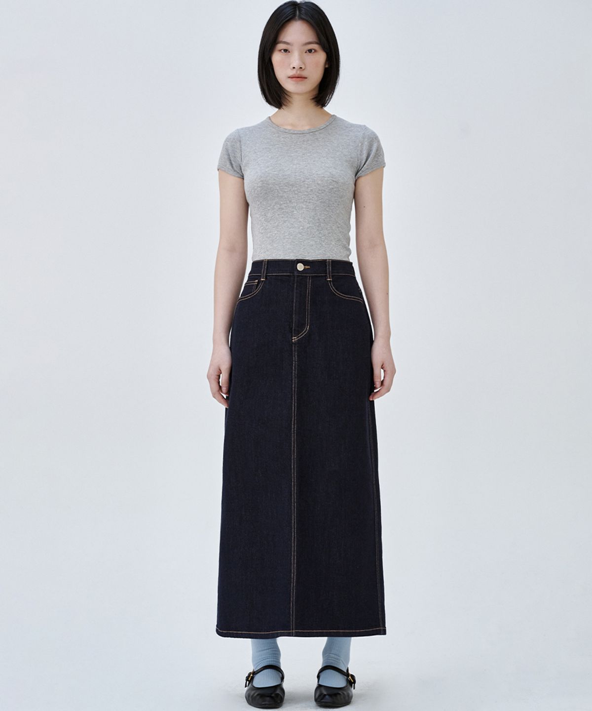마롭(MALOUPE) 3112 넌페이드 데님 스커트 (다크 인디고)