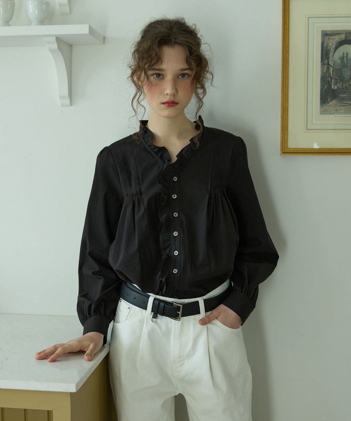 오픈도어스튜디오(OPENDOORSTUDIO) Merry poem pintuck blouse Black