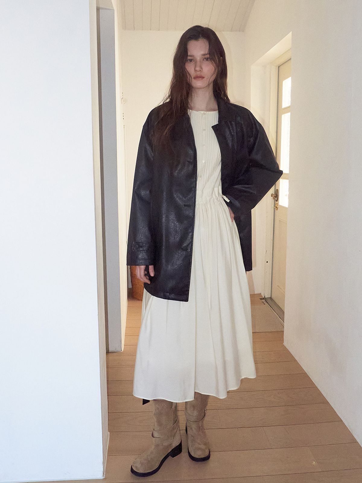 에트몽(ETMON) Pintuck Button Long Dress, Cream